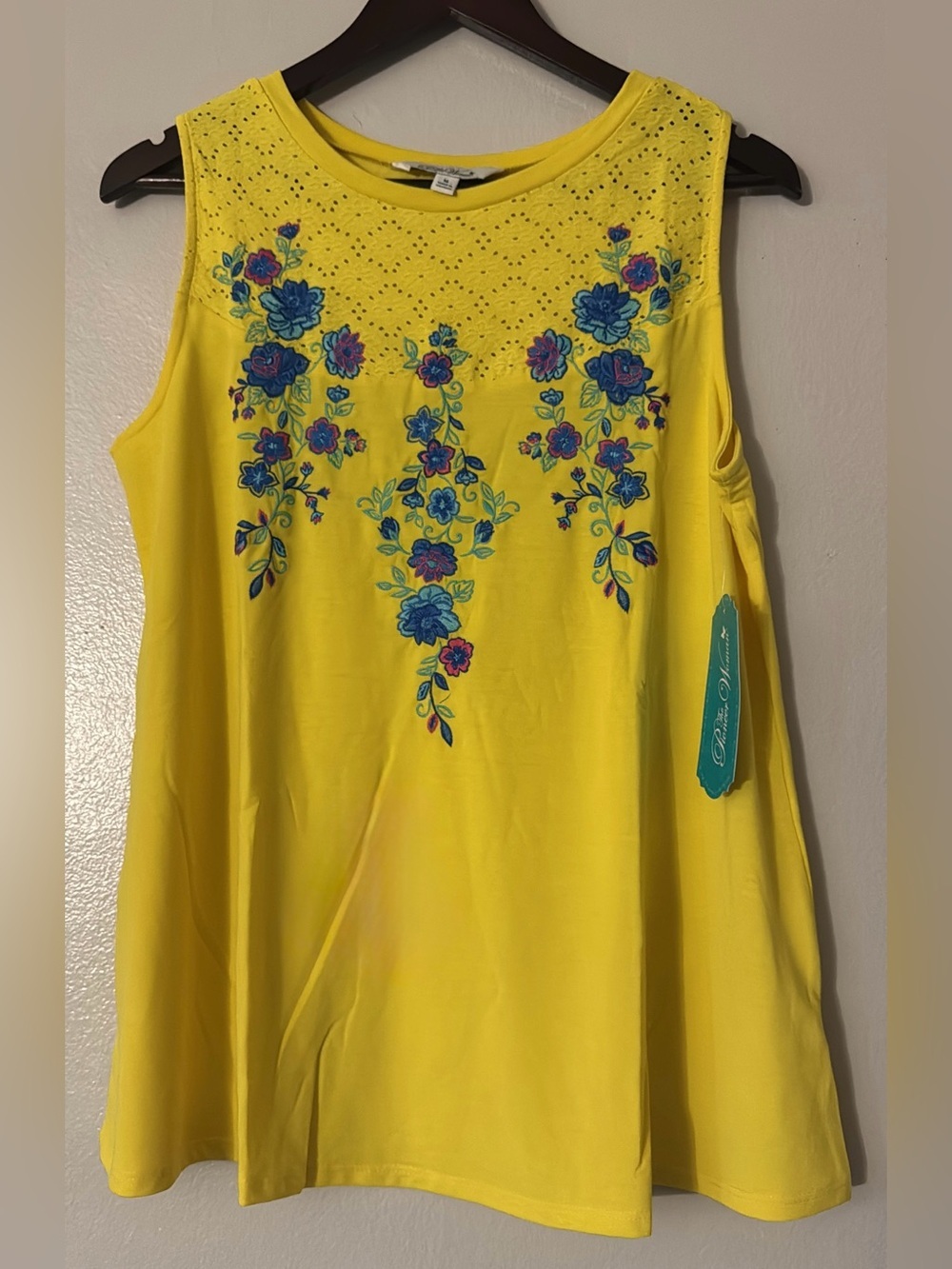 The Pioneer Woman Yellow Sleeveless Tank with Blue & Purple Floral Embroidery